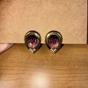 Monet Signed Gold Tone Purple Teardrop ClipOn Earrings Rhinestone Accent Antique